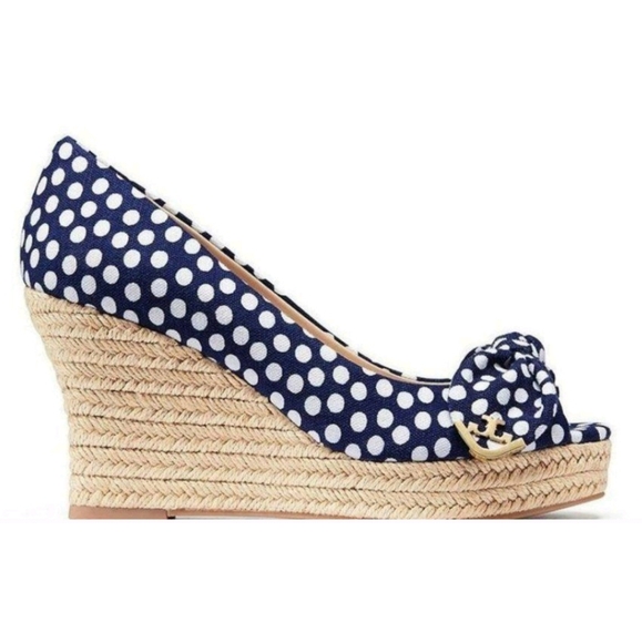 NWoT POLKA DOT Tory Burch White Polka Dot NAVY Wedge Heels Sandals Sz 7 -Last 1 - Picture 4 of 16